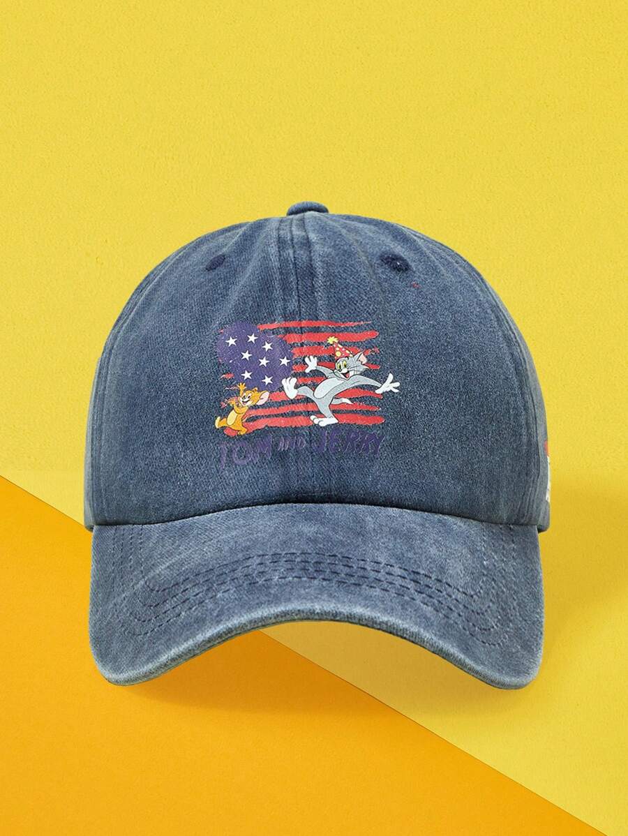 TOM & JERRY X SHEIN Cartoon & American Flag Print Washed Baseball Cap - Navy Blue - View 1