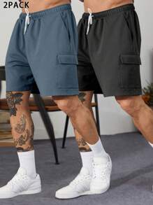 Manfinity Homme Loose Men's 2pcs Flap Pocket Side Drawstring Waist Shorts - Multicolor - View 1