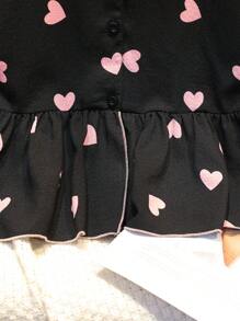 SHEIN Young Girls Summer Heart Print Ruffle-Collar Ruched Short Sleeve Nightgown Set - Black - View 5