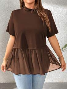 SHEIN Essnce 大码女式夏季上衣，黑色 T 恤，可爱上衣娃娃裙，夏季衬衫，夏季上衣外出上衣女式夏季上衣女式外出上衣夏装 - 棕色 - 查看 1