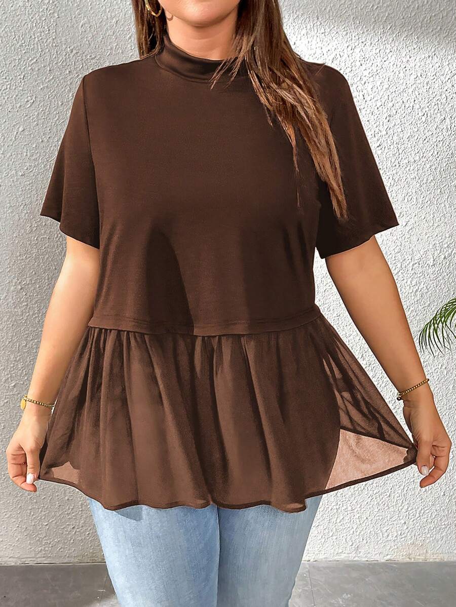 SHEIN Essnce 大码女式夏季上衣，黑色 T 恤，可爱上衣娃娃裙，夏季衬衫，夏季上衣外出上衣女式夏季上衣女式外出上衣夏装 - 棕色 - 查看 1