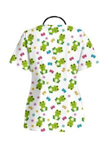 PopScrub Short Sleeve V-Neck Casual & Simple Frog Cartoon Scrub Uniform Top For Summer - Multicolor - View 2