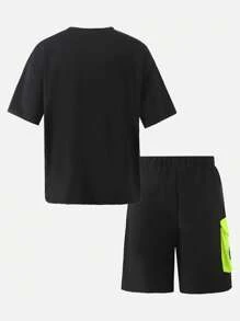 SHEIN 2pcs Set: Boys Casual Sports Round Neck Drop Shoulder Short Sleeve Letter Print T-Shirt & Elastic Waist Shorts, Summer - Black - View 2