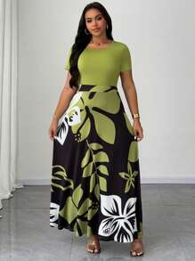 Celure Plus Size Women Botanical Print Round Neck Short Sleeve Dress, Holiday Style