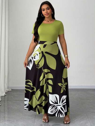 Maweii Plus Size Women Botanical Print Round Neck Short Sleeve Dress, Holiday Style