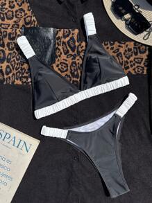 Swim Mod 女式拼色吊带泳衣上衣和褶饰比基尼下装两件套沙滩装，适合春假、节日、波西米亚风的夏季服装 - 黑與白 - 查看 3