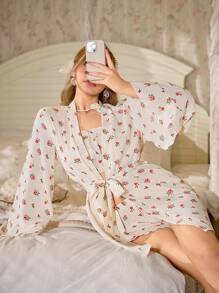 CottageSlumber 3件套碎花荷叶边女士睡衣套装 - 彩色 - 查看 4