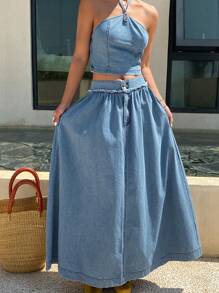 DAZY 女士水洗抽绳挂脖牛仔上衣和迷你裙两件套 - 中等水洗藍 - 查看 5