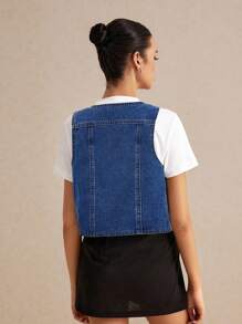 Poéselle Sexy Sleeveless Denim Vest - Blue - Dark Wash - View 2