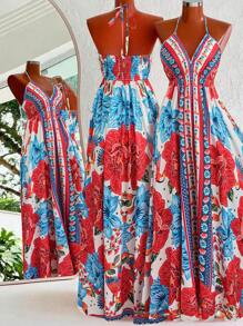 Flirla Vacation Floral Print Backless Halter Dress