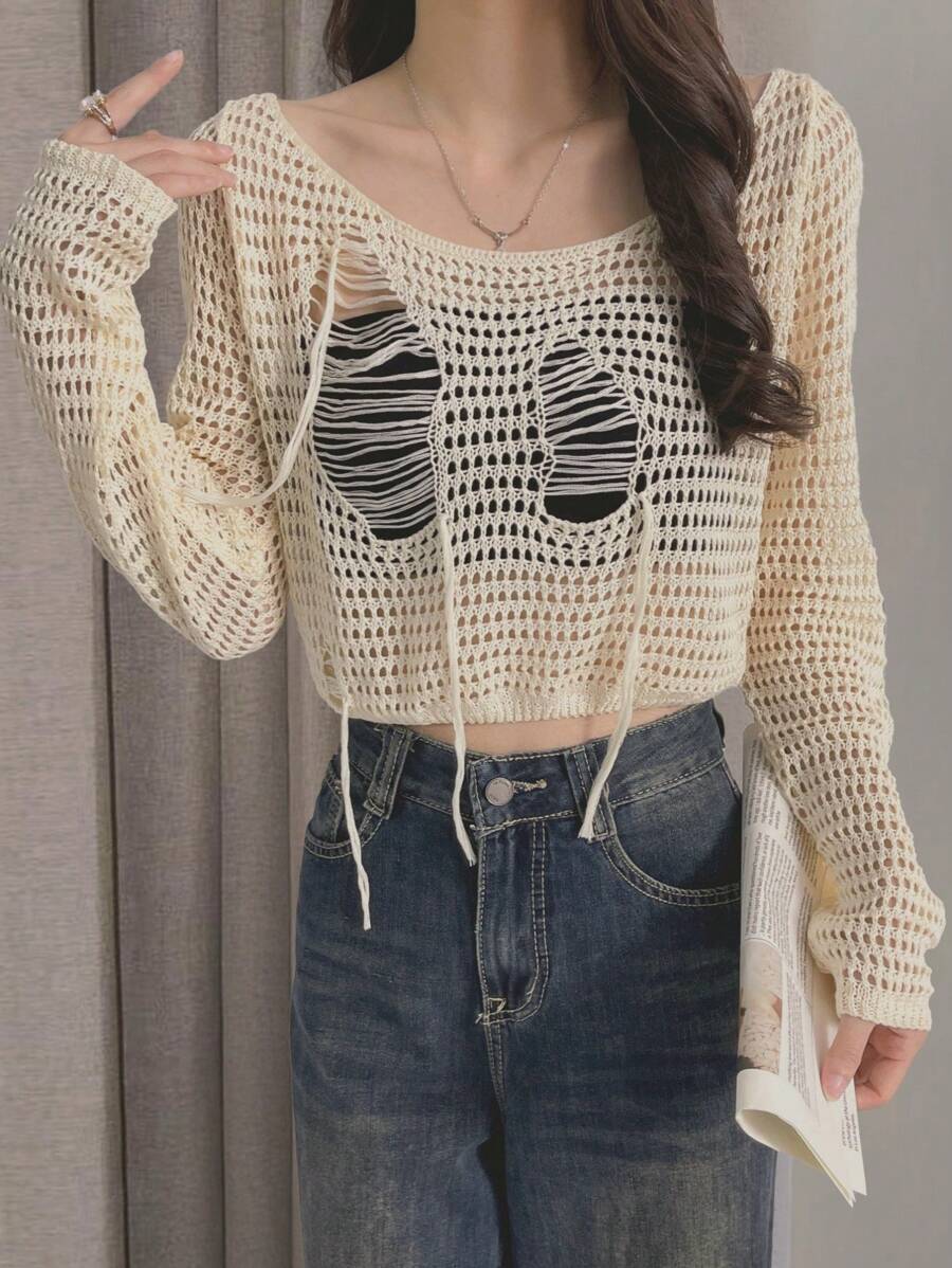 INAWLY Women Hollow Out Knitted Top, Fashionable For Summer Fall Cloth For Women