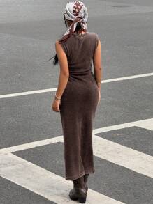 Muchica Brown Knitted Retro Distressed Acid-Washed Sleeveless Dress For Women