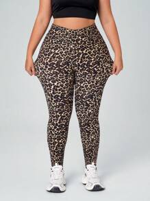 SHEIN Essnce Plus Size Women Leopard Print Soft & Stretchy Denim Leggings, Summer - Brown - View 3