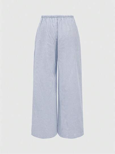 Casual Vertical Striped Elastic Waist Drawstring Wide Leg Pants For Women