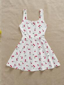 SHEIN EZwear 女士休闲简约樱桃印花图案迷你连衣裙，适合夏季 - 彩色 - 查看 2