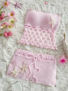 Sweetina 2 件夏季外出海滩夏威夷可爱女士两件套服装和毛衣短裤适合日常穿着钩针套装 - 珊瑚粉 - 查看 5