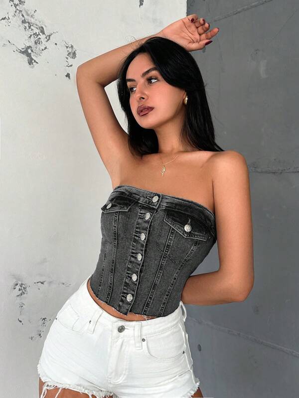 EURMUSE Casual Distressed Snap Front Camisole Denim Top