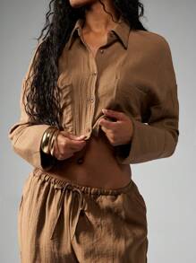 MISSGUIDED Linen Summer Resort Vacation Two Piece Set Loose Fit Crop Button Down Top Wide Leg Palazzo High Waist Pants Beach Travel Outfit