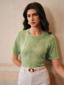 Anewsta Suéter de punto para mujer con diseño calado, cuello redondo, semi transparente y hueco, para vacaciones y playa - Verde - Ver 3