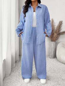 SHEIN Frenchy Conjunto informal de 2 piezas de talla grande para mujer con diseño de rayas azules y blancas suelto