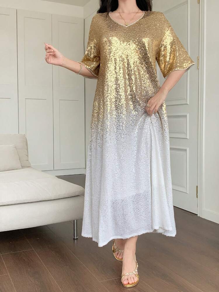 Ombre V-Neck Loose Mid-Length Dress For Women Luxury Prom Dress Sequin New Year Eve Dress Carnival Sparkly Dress