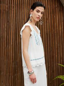 Uhlyne Spring & Summer V-Neck Embroidered Blue Sleeveless Open Front Casual Short Shirt With Lace Trim - White - View 4