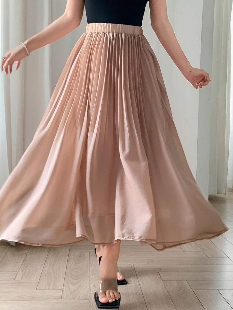 Saia Plissada de Cintura Elástica em Cor Sólida, Saias de Outono para Mulheres
