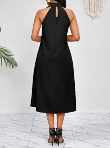 SHEIN Lady 3D Three-Dimensional Flower Ruffles Decorate The Neckline. Orange Mid-Length Dress. Elegant Ladies Loose And Casual. Spring And Summer Vacation. Bohemian. Business Casual Woman - Black - View 2