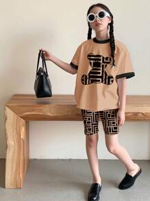 SHEIN Leap Crew 2 件青少年女孩休闲简约短袖 T 恤和短裤套装，适合夏季 - 彩色 - 查看 3