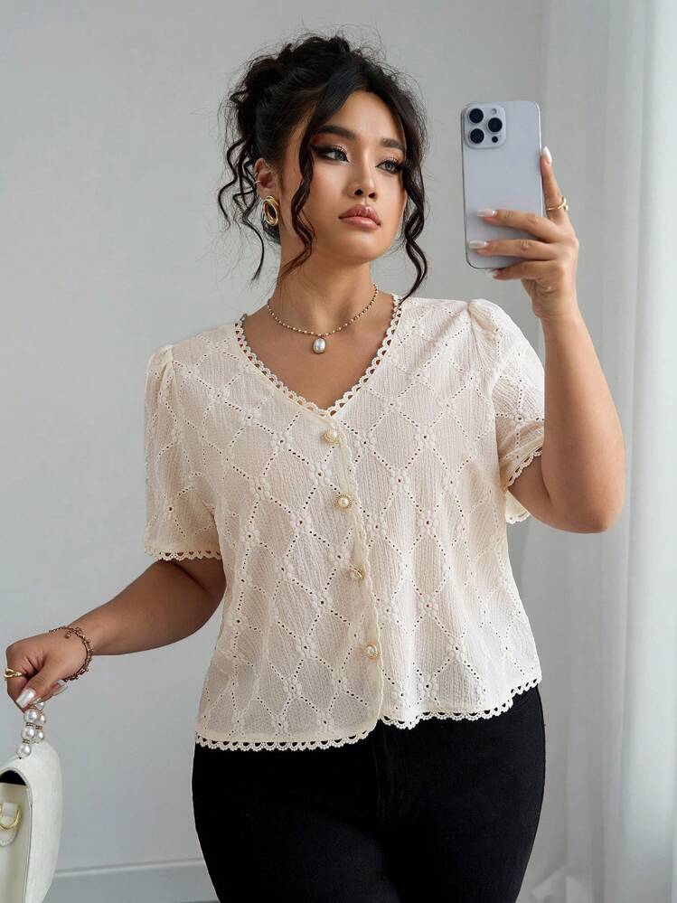 Elenzga بلوزة نسائية أنيقة بأكمام قصيرة وياقة على شكل حرف V، بلون بيج عصري بأسلوب بوهيمي - لون مشمشي - مشاهدة 7