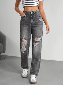 SHEIN Tall Women's Distressed Denim Shorts, Fashionable For Summer - Grey - View 3