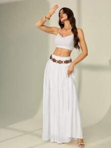 SHEIN Tall Women's Solid Color Shirred Waist Ruffled Hem Skirt