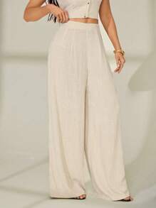 SHEIN Tall 女士休闲舒适高腰亚麻阔腿直筒裤，适合通勤、办公室、居家、度假，杏色 - 杏色 - 查看 7