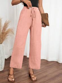 SHEIN LUNE Women Denim Effect Solid Color Pocket Side Ruffle Casual Pants For New Year Clothes - Pink - View 3