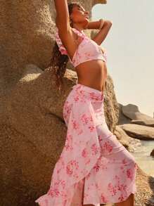 Anewsta Stylish Elegant Underwired Push-Up Floral Gradient Ruffled Flared Mermaid 3pcs Bikini Set For Summer Beach Vacation - Multicolor - View 6