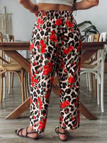 SHEIN VCAY Plus Size Women Leopard Floral Print Drawstring Waist Straight Leg Pants - Multicolor - View 2