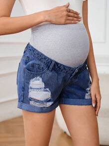 SHEIN Maternity High Waist Pocketed Distressed Casual Versatile Denim Shorts