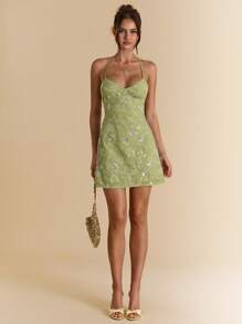 SHEIN BAE 夏季女式露背亮片提花绿色度假迷你连衣裙