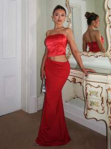 Glamine Vestido elegante para mujer con cintura tubular sólida, corte calado y bajo de cola de pez - Rojo - Ver 3