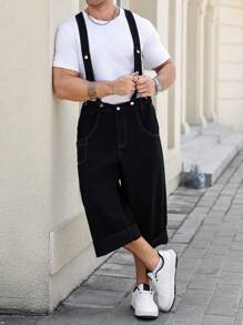 Manfinity Homme Plus Size Men's Black Denim Bib Overalls With Multiple Pockets