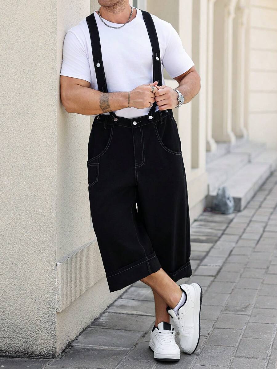 Manfinity Homme Plus Size Men's Black Denim Bib Overalls With Multiple Pockets