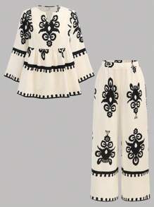 SHEIN Nastolatki Eid Al Adha, Ramadan, Święto Narodowe, Walentynki, Chinoiserie, Narodowe, Luźna koszula z nadrukiem kwiatowym i szerokie spodnie 2 sztuki - Morela - Zobacz 11