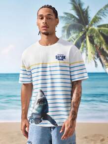 Shark Week X SHEIN Men's Casual Striped Shark Print Round Neck Short Sleeve T-Shirt, Summer - Multicolor - View 7