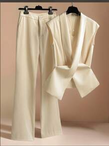 Franclia Bộ 2 áo ba lỗ đi làm thường ngày cho nữ và quần - Màu be - Xem 1