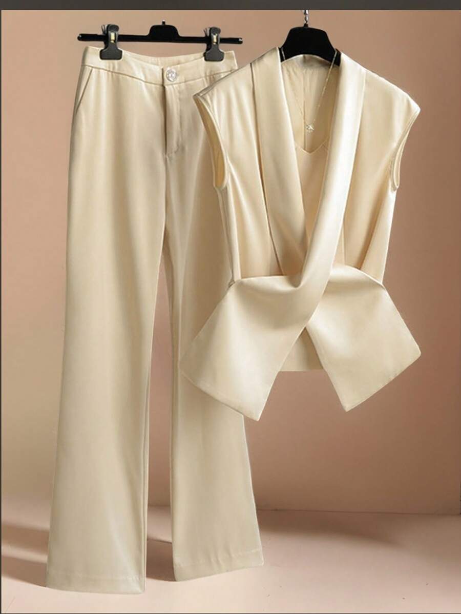 Franclia Bộ 2 áo ba lỗ đi làm thường ngày cho nữ và quần - Màu be - Xem 1