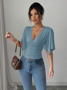 Selianne Casual Vacation Asymmetrical Ruffle Short Sleeve Crop Top For Women - Dusty Blue - View 4