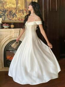 DAZY Váy dự tiệc dài đến bắp chân, viền bèo nhún màu trơn dành cho nữ, mùa xuân/hè, váy trang trọng dành cho nữ - trắng - Xem 4