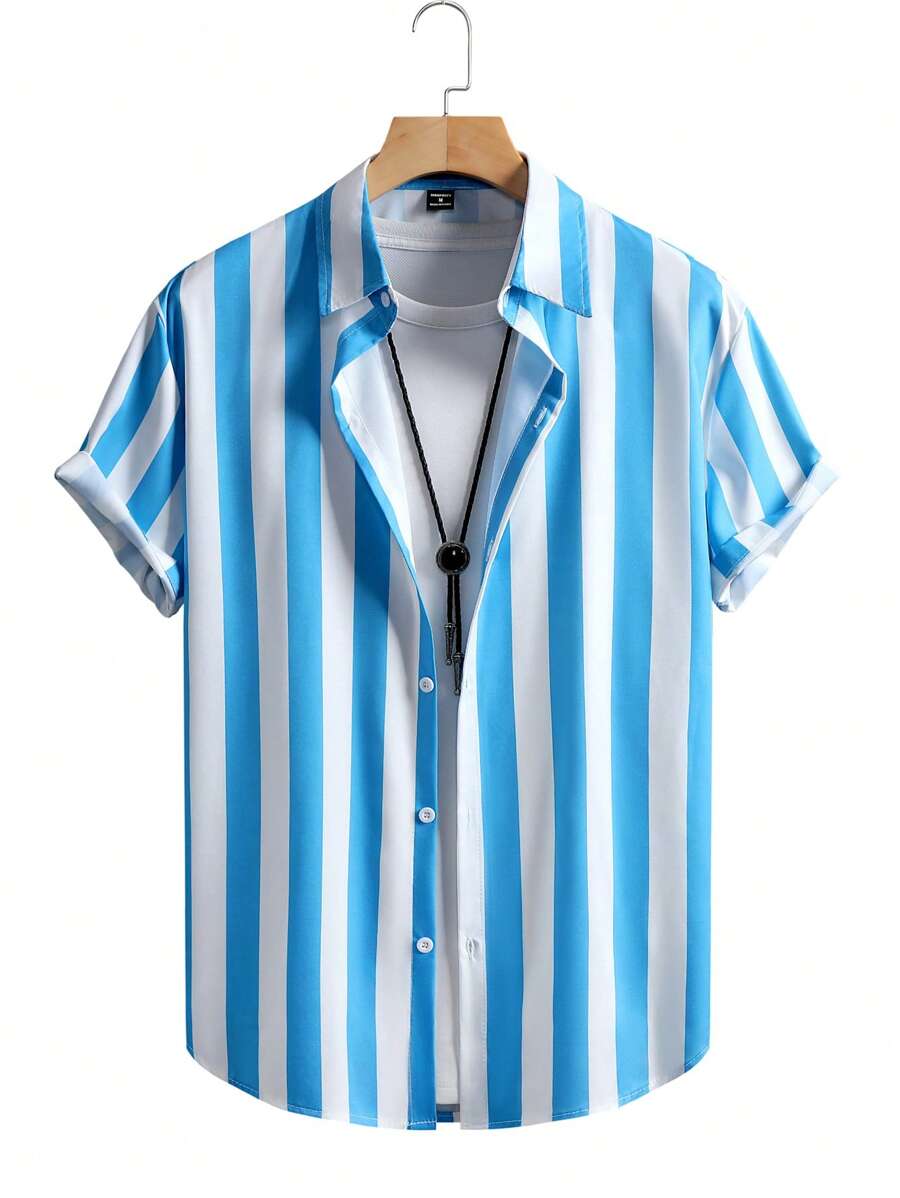 Manfinity Homme 男士条纹单排扣休闲/商务休闲短袖衬衫 男士夏季衬衫 男士夏季衬衫 男士夏季衬衫 男士夏季衬衫 - 彩色 - 查看 1