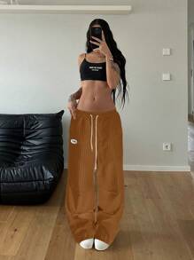 Flirla 女式街头时尚条纹抽绳宽松黑白长裤 - 棕色 - 查看 5