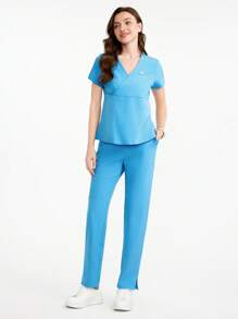 Scrubzie Crossover Neck Simple Short Sleeve Top And Pants Scrub Uniform Set